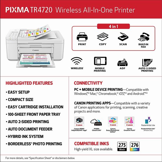 历史新低！Canon 佳能 Pixma TR4720 无线多功能一体彩色喷墨打印机4折 59.99加元包邮！