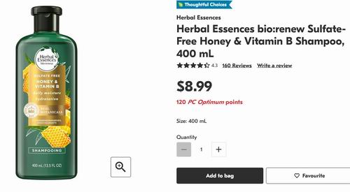 Herbal Essences 无硫酸盐蜂蜜维生素B 洗发水/护发素400毫升套装 11.38加元（原价 15.98加元），shoppers仅洗发水8.99加元