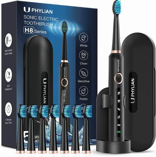  PHYLIAN 成人声波电动牙刷 带8个刷头+旅行盒+牙刷架 31.99加元（原价 39.99加元）