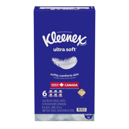  Kleenex 舒洁 Ultra Soft 超软面巾纸/抽纸（70抽x6盒、420张）5折 4.99加元！