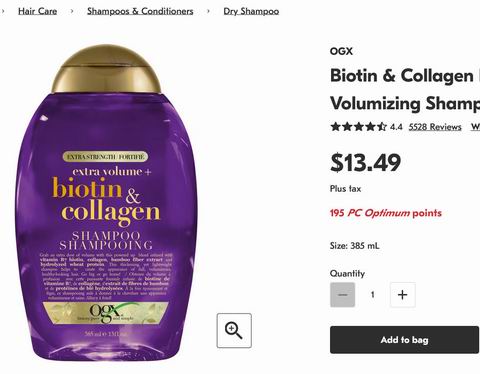 OGX 胶原蛋白生物素洗发水 防脱发 丰盈秀发 385毫升 7.58加元(shoppers 售价 13.49加元)