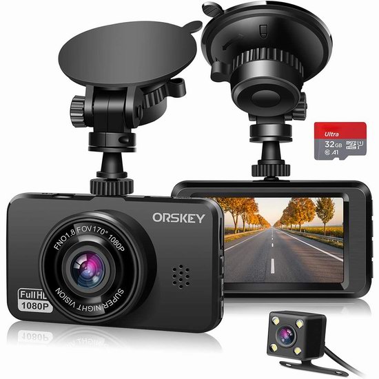  ORSKEY 1080P全高清 前后双摄像头 辅助倒车 行车记录仪6.8折 47.99加元包邮！送储存卡！