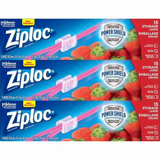  历史新低！Ziploc 多用途 大号食品保鲜袋（3x15件）5.1折 8.76加元！