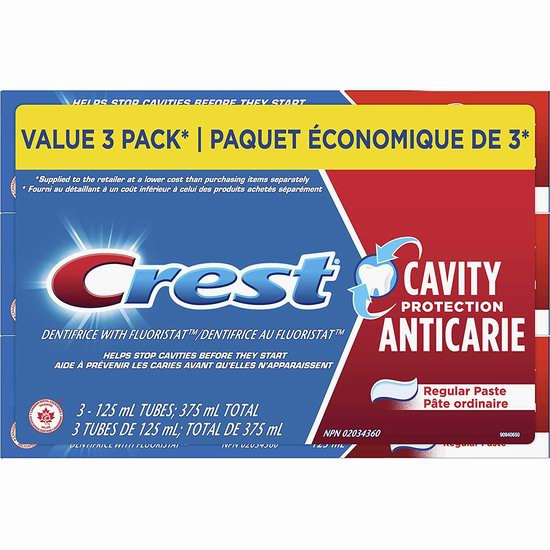  Crest 佳洁士 Cavity Protection 防蛀修护牙膏超值装（3 x 125ml）5.3折 3.75加元！单支仅1.25加元！