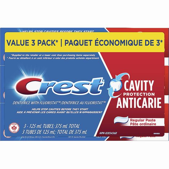  白菜价！历史新低！Crest 佳洁士 Cavity Protection 防蛀修护牙膏超值装（3 x 125ml）3.5折 2.49加元！单支仅0.83加元！