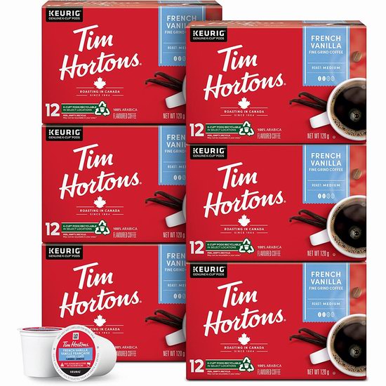  Tim Hortons 法式香草 中度烘培 K-Cup 胶囊咖啡（6x12粒）7.2折 45.54加元包邮！