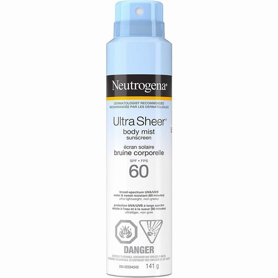  Neutrogena 露得清 Ultra Sheer SPF 60 轻盈防晒喷雾 13.29加元（原价 16.47加元）