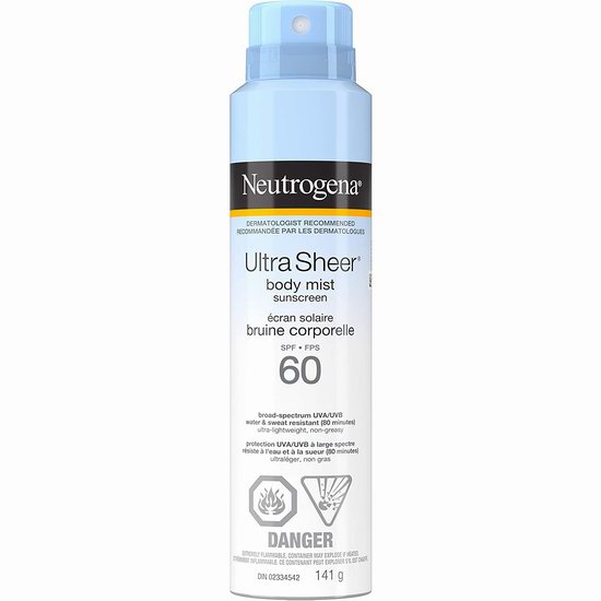 Neutrogena 露得清 Ultra Sheer SPF 60 轻盈防晒喷雾 13.66加元（原价 16.47加元）