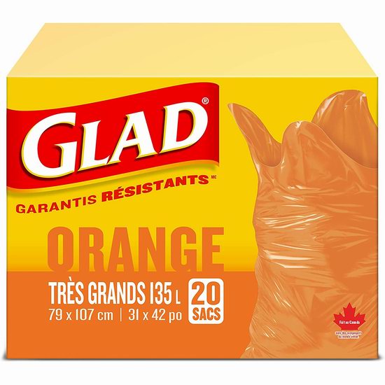  历史新低！Glad Easy-Tie 135升超大号 橙色易打结垃圾袋（20只装）4.2折 5加元！
