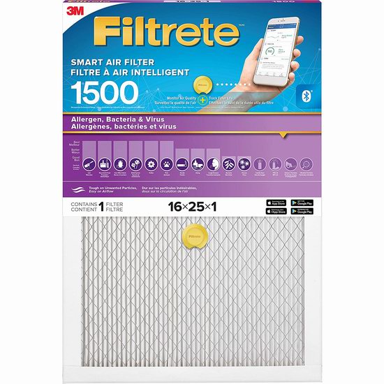  3M Filtrete MPR 1500 Smart 防过敏家庭空调暖气炉 蓝牙智能过滤网（单个装）4.2折 14.97加元！