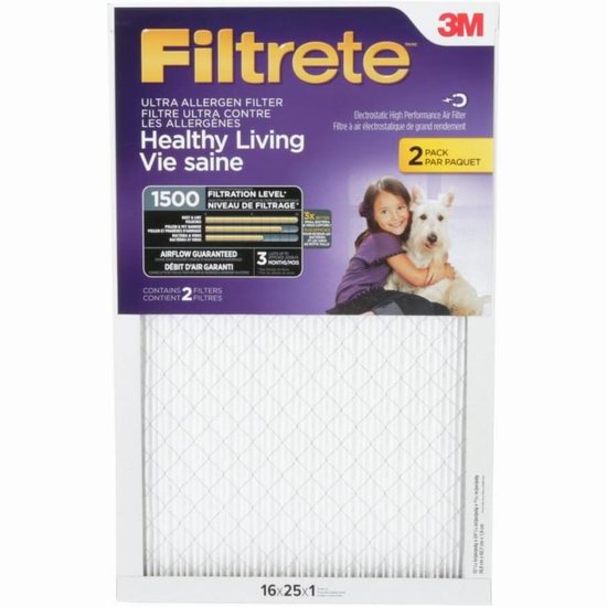  Filtrete 16x25x1 MPR 1500 防过敏家庭空调暖气炉过滤网（2个装）5.4折 26.97加元！