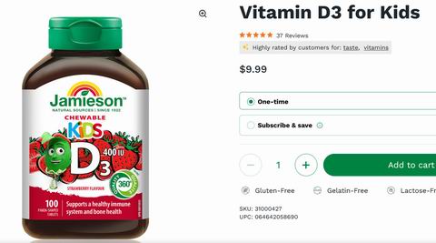 Jamieson 健美生 草莓味 维生素D 400 IU 软糖(100片) 5.97加元(官网原价 9.99加元)