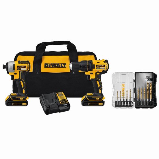  DEWALT 得伟 DCK277C2 20伏紧凑型无刷电钻+冲击钻+氮化钛涂层钻头套装5.7折 211.98加元包邮！