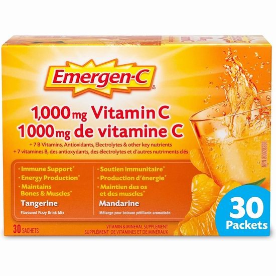  历史新低！Emergen-C 增强免疫力 1000mg 橘子味 维他命C冲剂（30袋）3.7折 7.46加元！