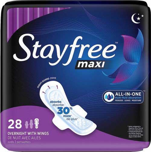 Stayfree 带翼隔夜卫生巾28片 6.07加元（原价 13.59加元）