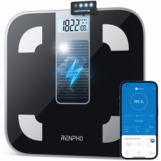  RENPHO Elis 太阳能 智能蓝牙无线 体脂/体重秤7折 34.99加元包邮！