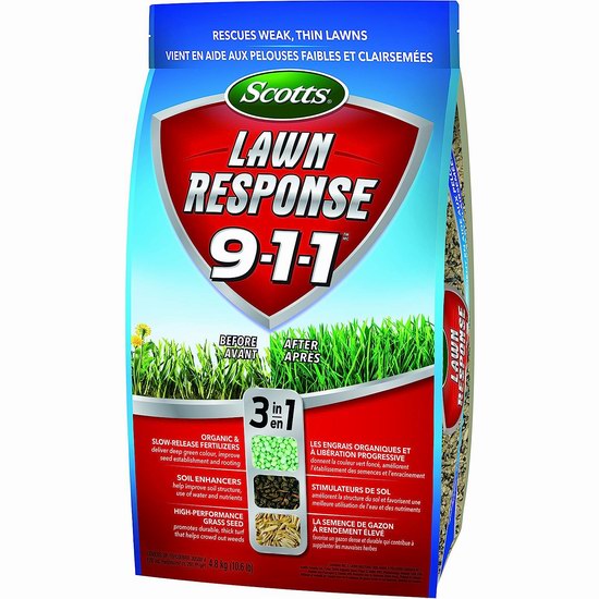  Scotts 10003 Lawn Response 9-1-1 拯救草坪 土壤改良+有机肥+草籽混合（4.8公斤）7.2折 28.25加元！