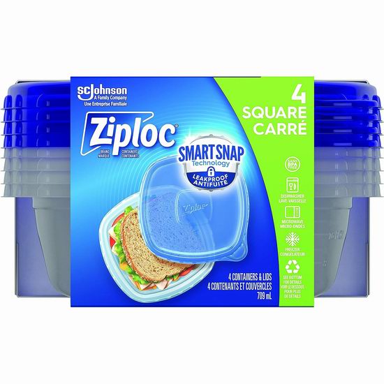  白菜价！历史新低！Ziploc 709毫升 方形防漏餐盒/零食盒/密封保鲜盒4件套3.6折 2.7加元！