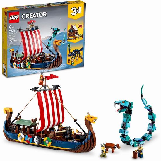  历史新低！LEGO 乐高 31132 创意百变 三合一 维京战船与耶梦加得（1192pcs）7折 104.98加元包邮！