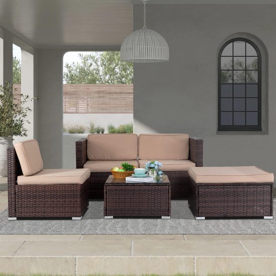  历史新低！FDW 庭院软垫藤条沙发+茶几5件套7.3折 304.99加元！2色可选！