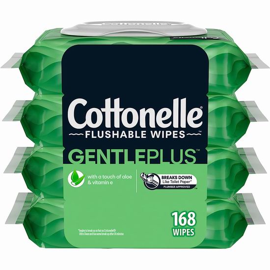  Cottonelle GentlePlus 可冲马桶 芦荟保湿湿巾纸（168张）6.3折 7.57加元（原价 11.99加元）