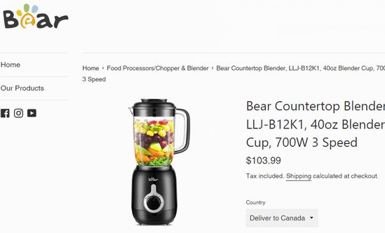 白菜价！历史新低！Bear 小熊 700瓦 1.2升家用专业搅拌机2.9折 29.99加元！