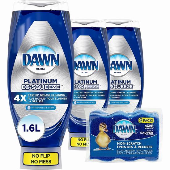  Dawn EZ-Squeeze 4倍清洁力 清新雨香 洗碗液 洗洁精（535ml x 3瓶） 12.82加元（原价 16.99加元）！送2件洗碗海绵！