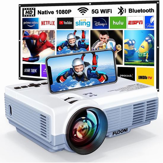  FUDONI 5G 9500流明 原生1080P 蓝牙WiFi 家庭影院投影仪4折 79.99加元包邮！