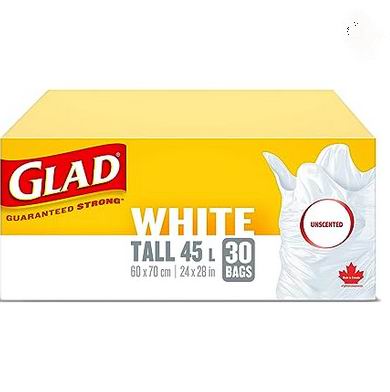  Glad 45升加深 易打结白色垃圾袋30件装 6.64加元（原价 7.99加元）