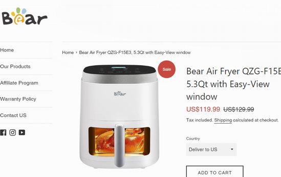近史低价！Bear 小熊 5.3夸脱 高颜值 可视窗 蒸汽嫩烤 微电脑智能空气炸锅4.5折 79.99加元包邮！