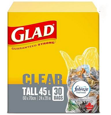  Glad  45升透明垃圾袋30个装  清新香味 6.64加元（原价 8.97加元）