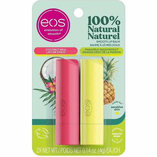  eos 纯天然 菠萝百香果椰奶味 乳木果补水保湿唇膏2件套 5.99加元！