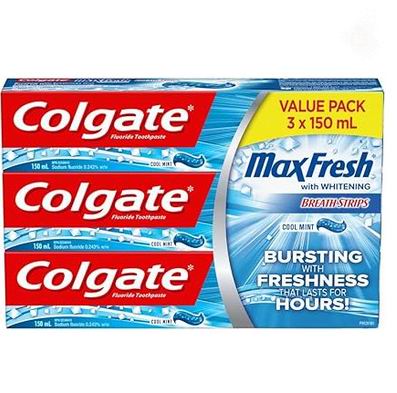  Colgate  MaxFresh 薄荷味氟化物美白凝胶牙膏150 毫升×3件 7.57加元（原价 9.76加元）！每支2.52加元