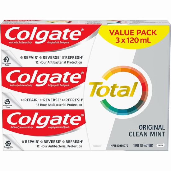  Colgate 高露洁 Total 薄荷口味 抗菌防蛀美白牙膏超值装（3 X 120ml）6.8折 6.64加元！2款可选！