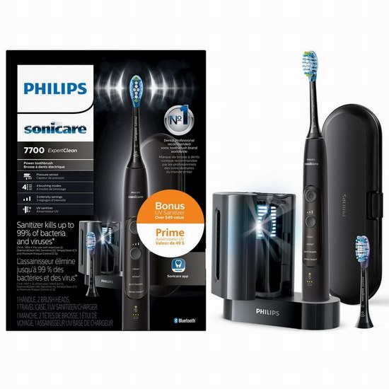  近史低价！Philips 飞利浦 HX9630/17 Sonicare ExpertClean 7700 声波震动 智能牙刷6.5折 149.96加元包邮！送价值49加元紫外线消毒器！