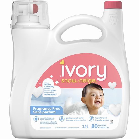  Ivory Snow 低过敏 无香型 婴儿洗衣液（3.4升, 80缸）7.3折 18.97加元！
