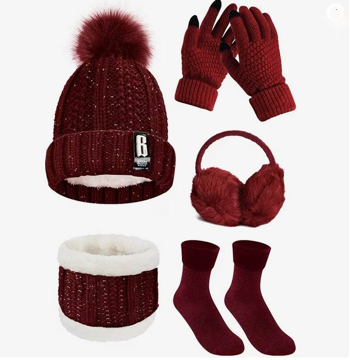  冬季保暖必备！Yusongirl毛球针织帽+手套+围巾+耳罩5件套 26.99加元（原价 35.99加元）！4色可选！