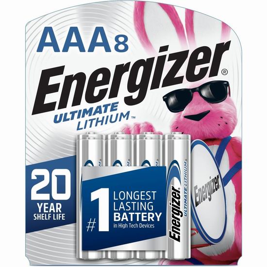  白菜价！历史新低！Energizer 劲量 Ultimate 非充电 AAA锂电池8件套3.8折 7.81加元！续航性能全球第一！