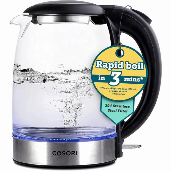  COSORI 1500瓦 1.7升时尚玻璃电热水壶 39.99加元包邮！3分钟快速煮沸！