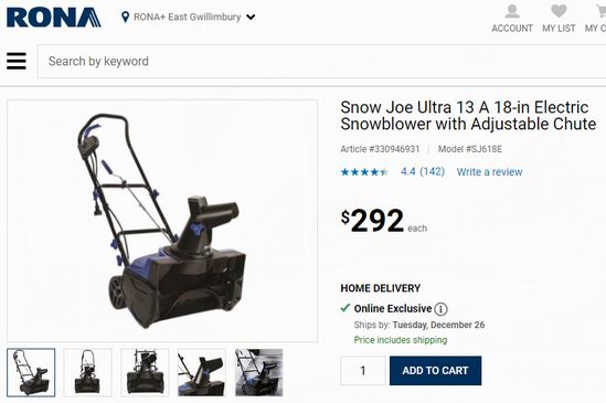 Snow Joe Ultra SJ618E 13安培18英寸电动铲雪机6.3折 139.91加元包邮！RONA同款292加元！