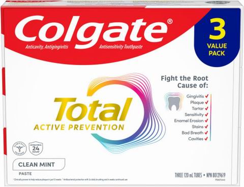  Colgate 高露洁 Total 薄荷口味 抗菌防蛀美白牙膏超值装（3 X 120ml）7.57加元（原价 9.76加元）
