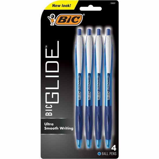 白菜价！历史新低！Bic Glide 可伸缩蓝色圆珠笔4件套2.4折 0.95加元！