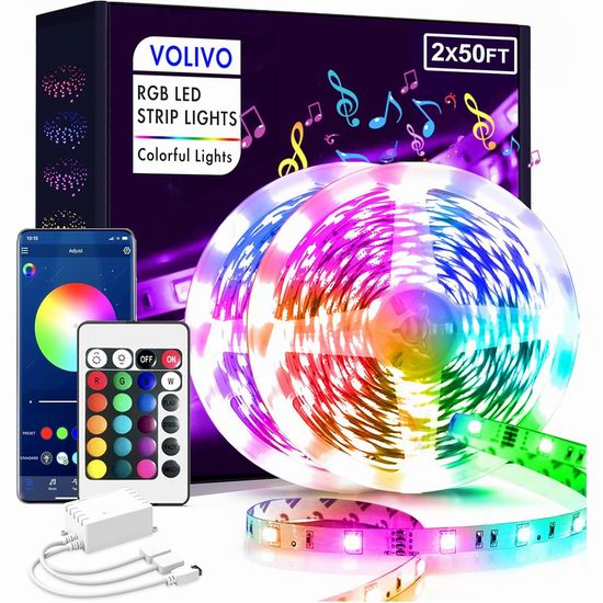  Volivo 100英尺 蓝牙智能 可随音乐变化 LED炫酷背景灯条5折 19.99加元！