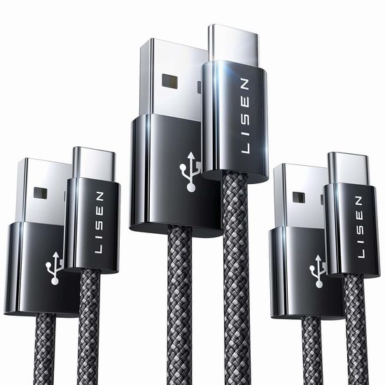  历史新低！LISEN USB A to USB C 充电线缆/数据线3件套5折 9.99加元！