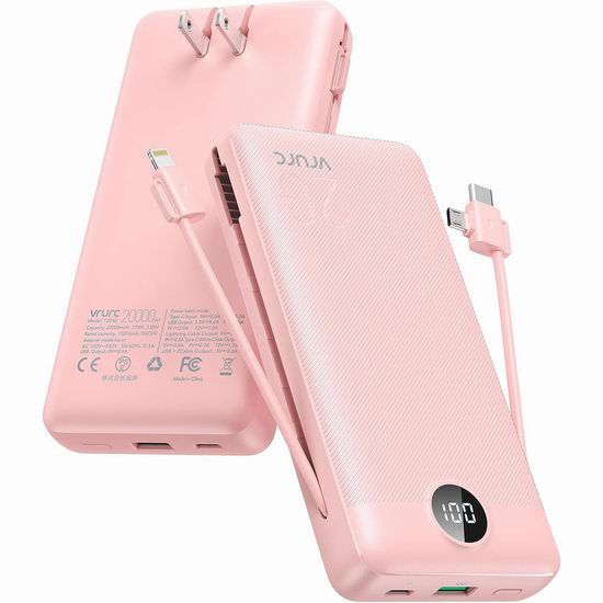  疑似Bug价！历史新低！VRURC 20000mAh 便携式移动电源/充电宝4.5折 26.99加元限量特卖并包邮！内置2条充电线！