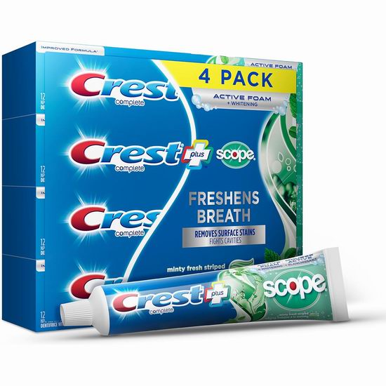  Crest 佳洁士 Complete 薄荷清新 全效美白牙膏4支装 9.49加元！