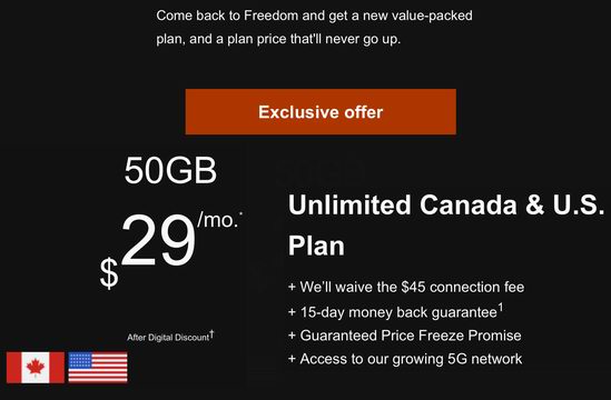 骨折价继续！Freedom 美加20GB数据月费！美加50GB数据月费，老用户回归仅需！