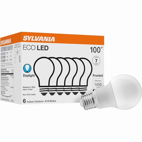  Sylvania ECO A19 100瓦等效  LED节能灯泡6件套 10.95加元！单个仅1.83加元！