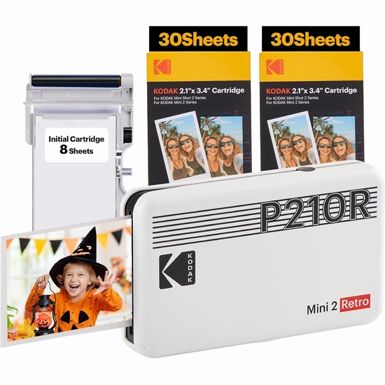  KODAK 柯达 Mini 2 Retro 4PASS 便携式照片打印机+68相纸套装6折 110.49加元包邮！美好瞬间，定格百年！3色可选！