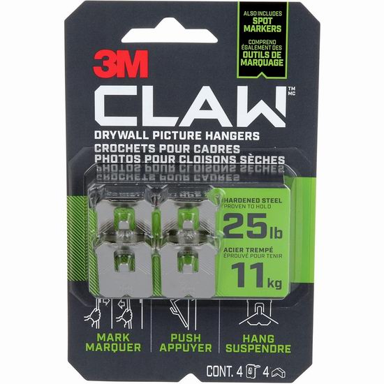  历史新低！3M CLAW 干墙壁挂画框 挂钩4件套5.1折 7加元！单个承重25磅！